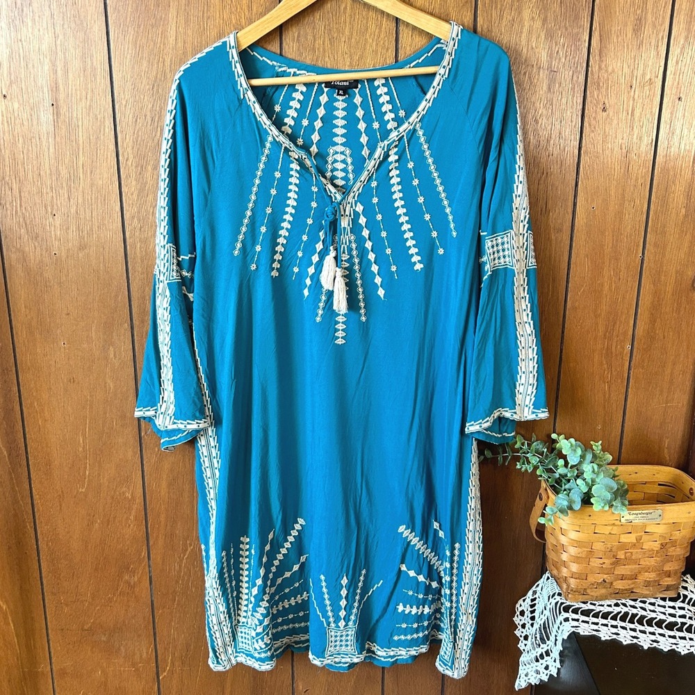 Tolani Teal Embroidered Tunic Dress with Cream Accents